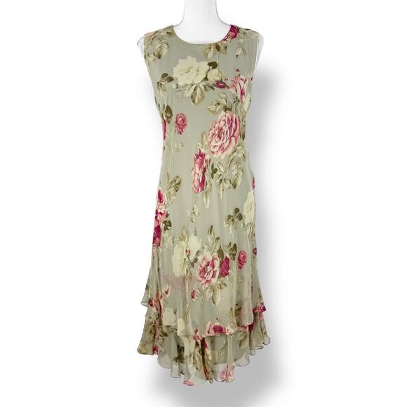 Vintage Cattiva  Women’s Floral 100% Silk Layered Slip Dress Size 10 Sage Green - Picture 2 of 12